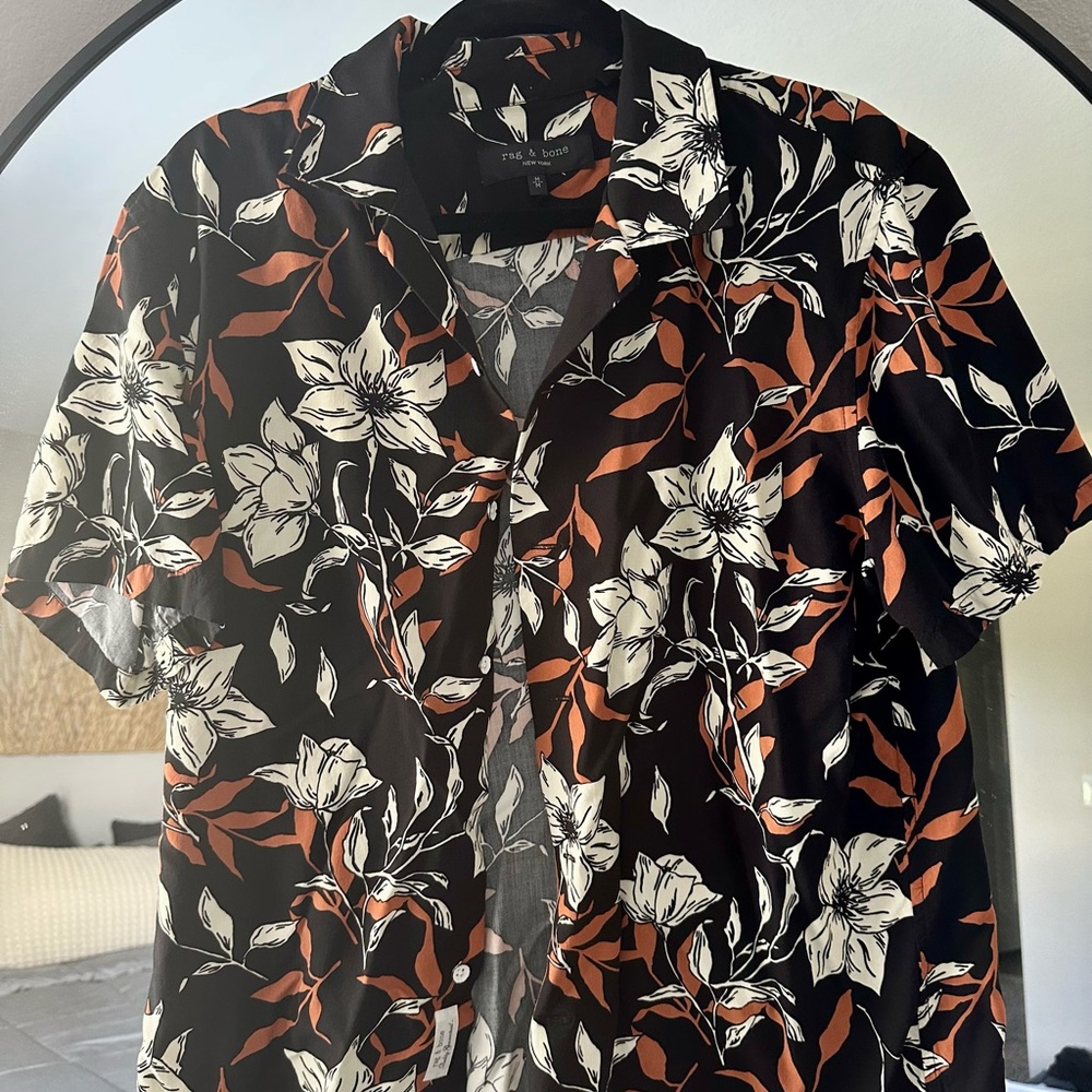 Rag & Bone Black and Orange Leaf Print Shirt
